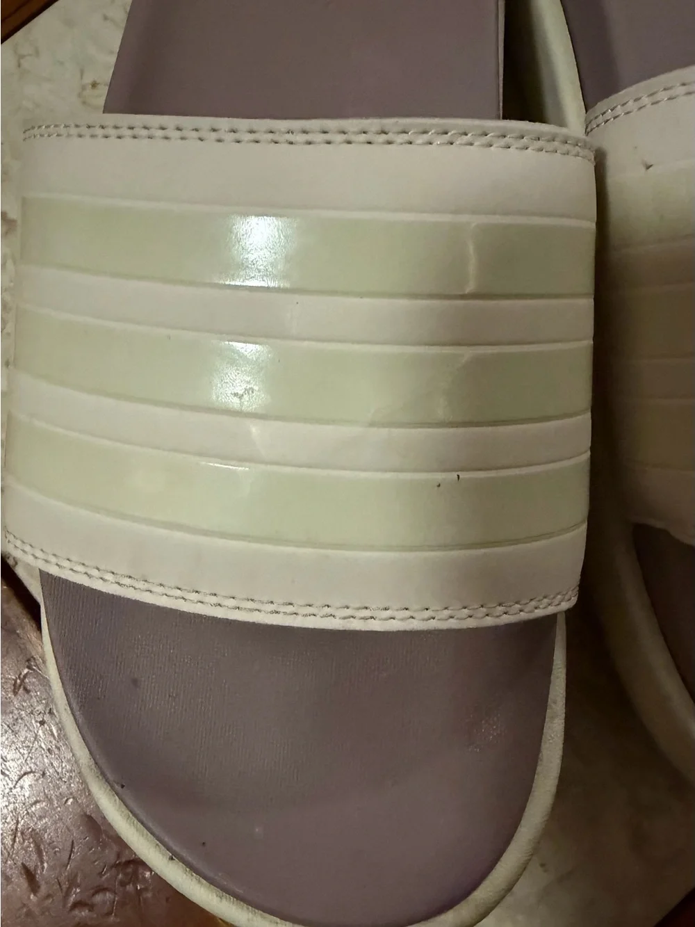 adidas Women’s Lavender Slide Sandals with White Stripes